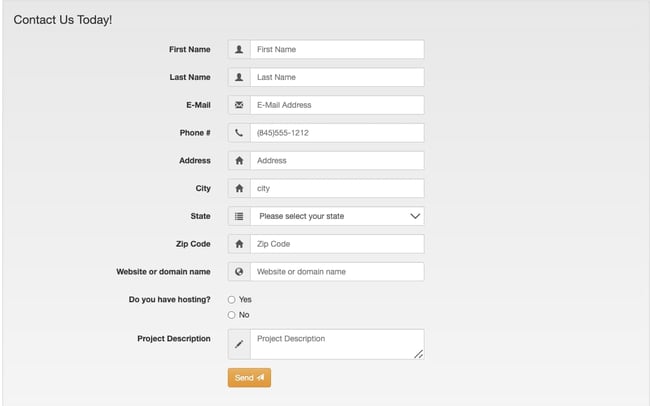 contact form with first name, last name, email, phone number, address, city, state, zip code, website, project description